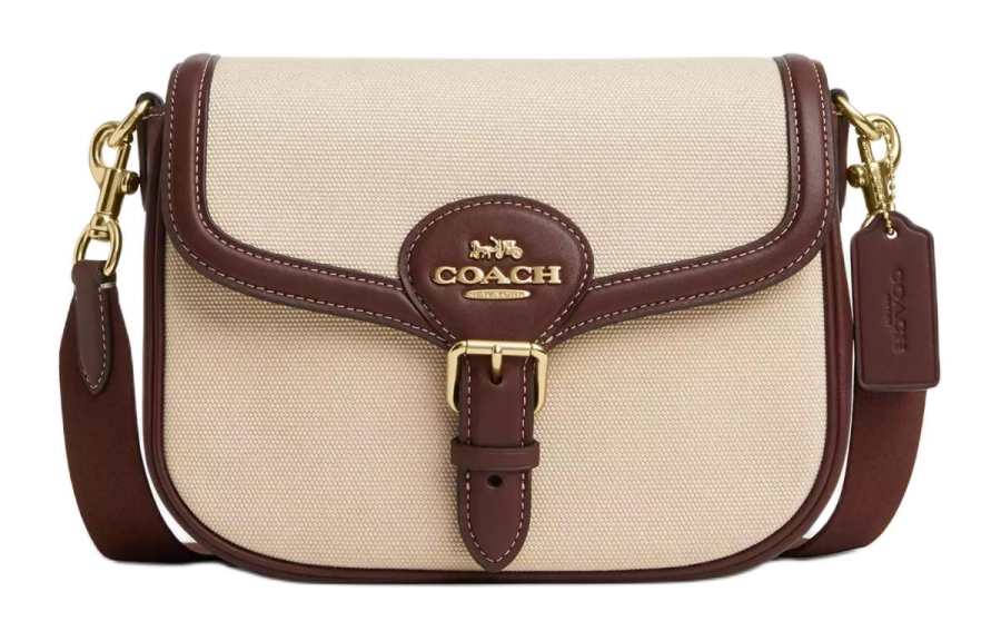 COACH Amelia Canvas Saddle Bag, Shoulder Bag, Crossbody Bag Medium Women's Gold & Natural Multicolor