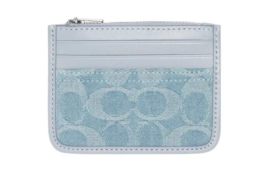 COACH Corner Zip Fabric With Cow Leather Wallet, Card Holder Women's Blue