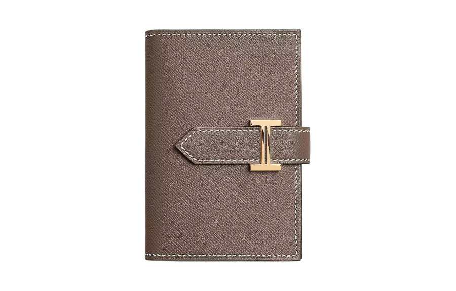 HERMES Bearn Gold tone Lock Madame Calfskin Wallet Mini Women's 18 Etoupe Elephant Gray