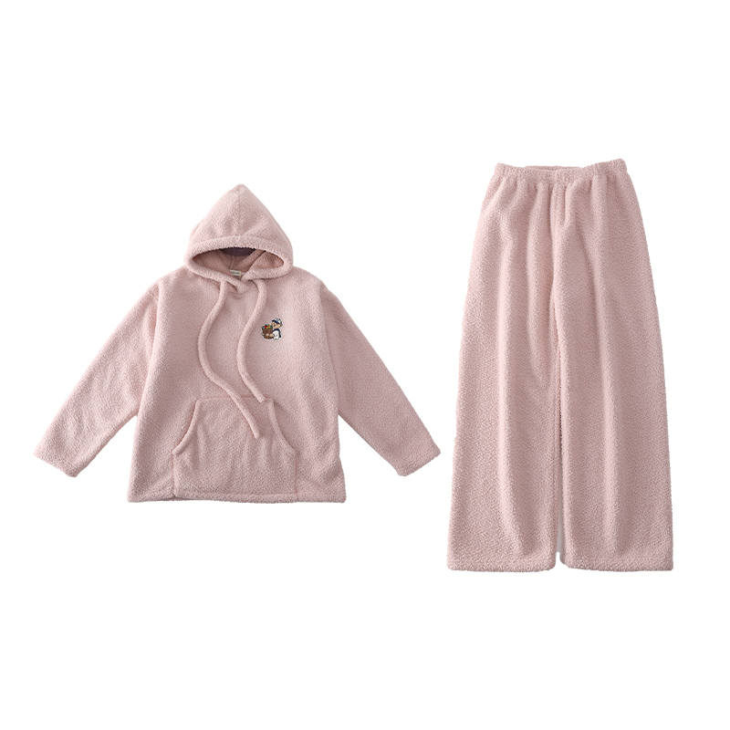 Teenie Weenie Thickened And Fleece Lined Hooded Long Sleeved Top With Elastic Waistband Pants Pajama Set Women's