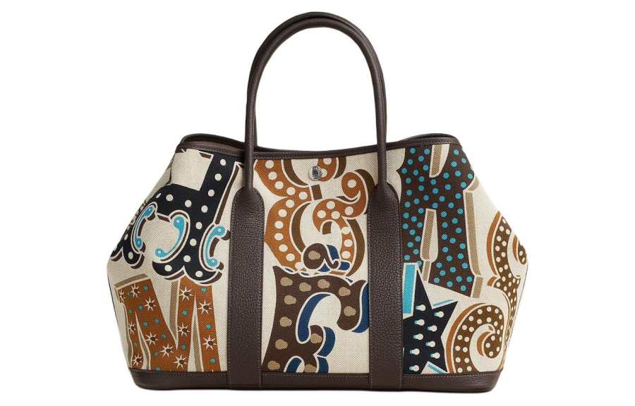 HERMES Garden Party H Plume Canvas With Negonda Calfskin Handbag 36 Women's Dark Brown & Multicolor