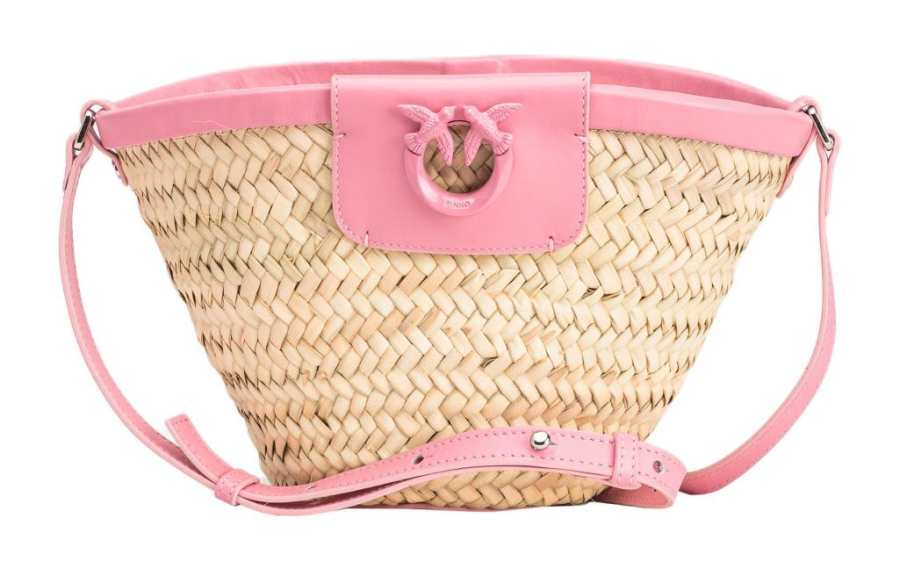 PINKO Raffia With Calfskin Bucket Bags Crossbody Bag, Shoulder Bag Women's Pink & Natural
