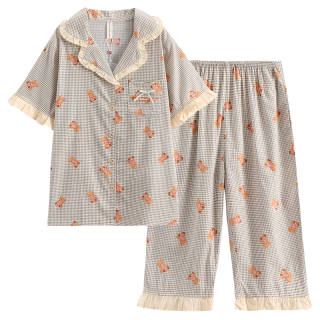 FENTENG Pajama Set Women's Gray Green Plaid