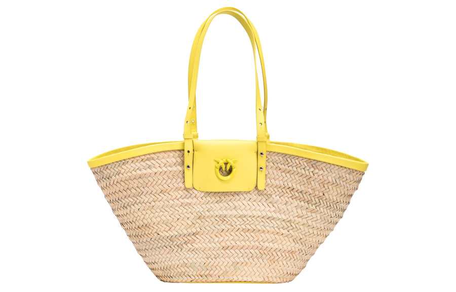 PINKO Cow Leather, Raffia Tote Bag, Shopping Bag, Shoulder Bag, Handbag Large Women's Khaki & Yellow