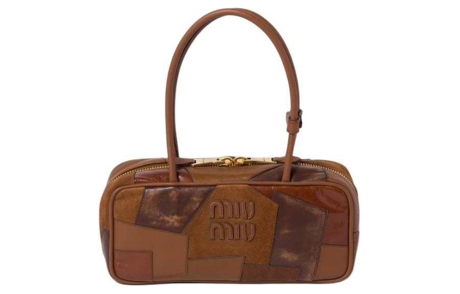 MIU MIU Cow Leather With Sheepskin Shoulder Bag Women's Cognac