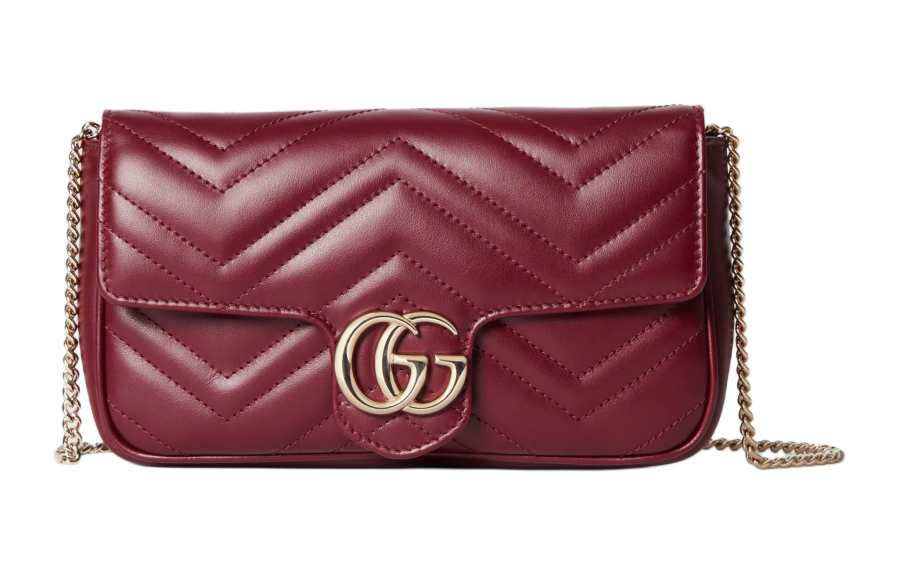 GUCCI GG Marmont Herringbone Leather Shoulder Bag, Crossbody Bag Small Women's Red