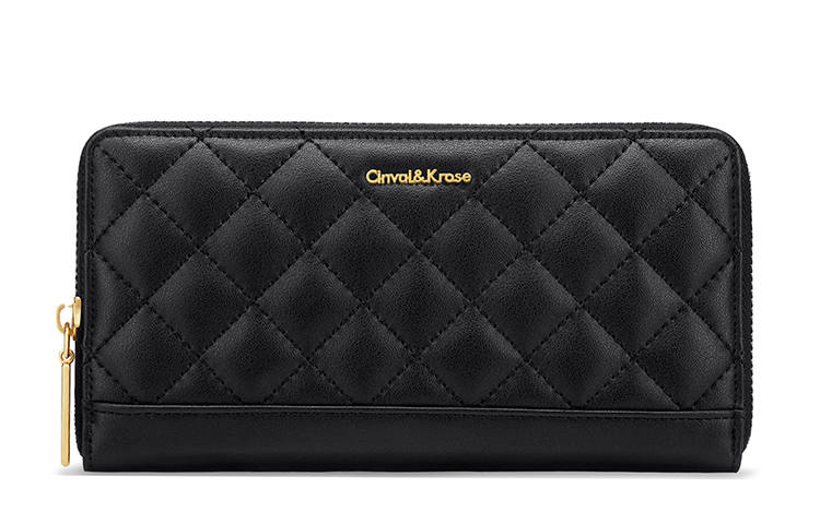 CinvaiKrose Calfskin With Microfiber Clutch Wallet Diamond Pattern Chanel Inspired Long Coin Purse Women's Black