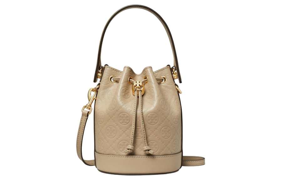 TORY BURCH T Monogram Leather Bucket Bag, One Shoulder Handbag Mini Women's Clay