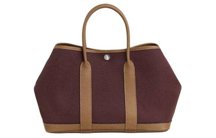 HERMES Garden Party Canvas With Negonda Calfskin Handbag 30 Women's Burgundy & Brown