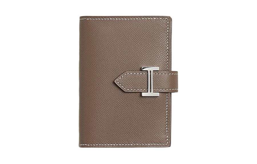 HERMES Bearn Silver Tone Buckle Madame Calfskin Card Holder Women's 18 Etoupe Elephant Gray