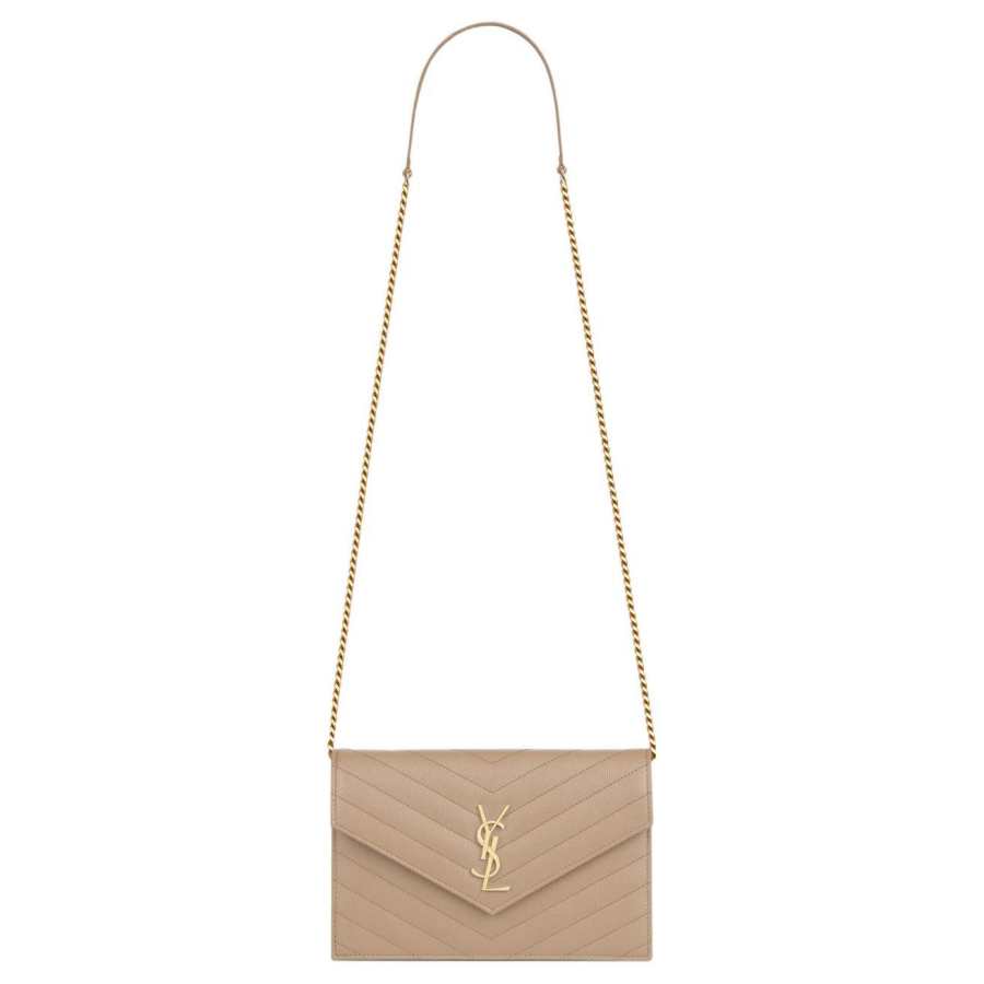 SAINT LAURENT Leather Chain Wallet, Crossbody Bag, Shoulder Bag Women's Dark Beige