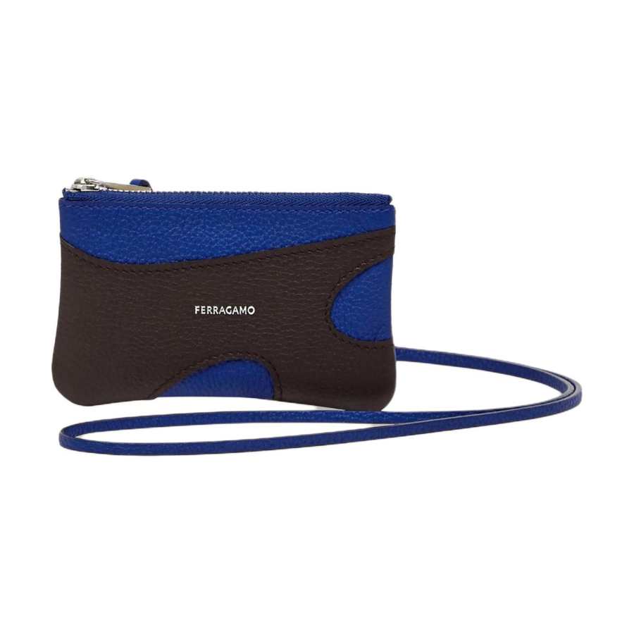 FERRAGAMO Hammered Calfskin Card Holder Men's Black & Blue