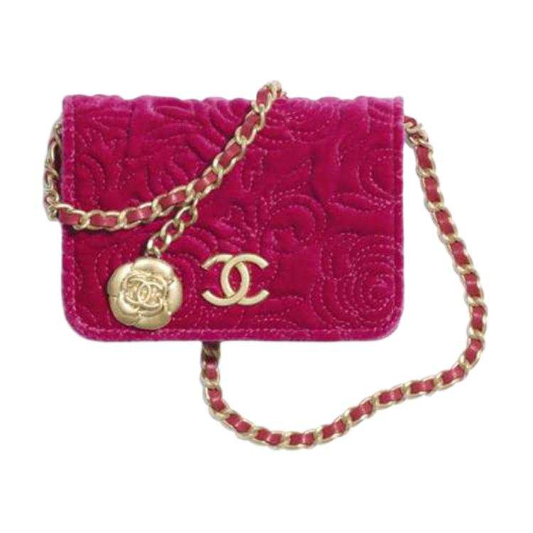 CHANEL WOC Velour Gold Coin Bag, One Shoulder Crossbody Coin Purse Small Women's Peach Pink