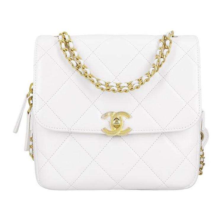 CHANEL Sheepskin Material Gold Metal Backpack Women's White