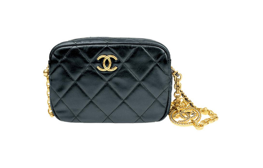 CHANEL Diamond Pattern Cow Leather And Gold Metal Camera Bag, Shoulder Bag, Crossbody Bag Mini Women's Black