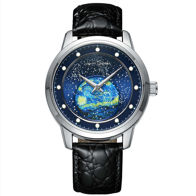 VAN GOGH Collection Starry Night Wrist Watches Quartz Movement Genuine Leather Fabric Strap Blue Dial