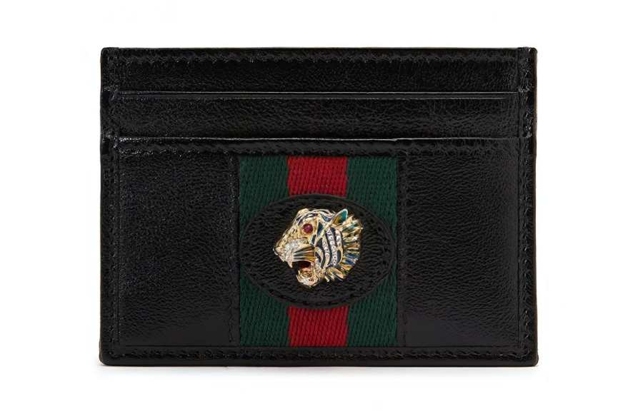 GUCCI Rajah Leather Card Holder Card Holder Unisex Black