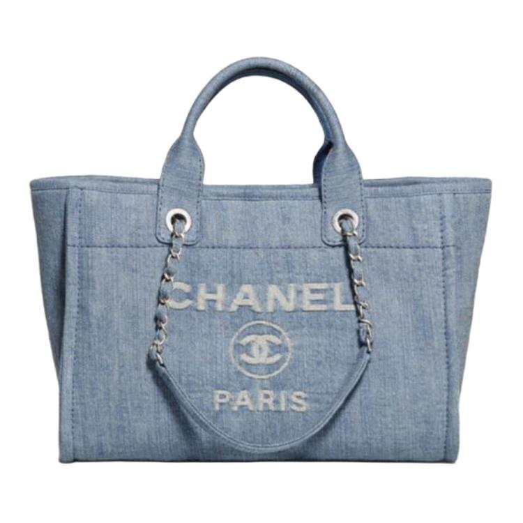 CHANEL Denim Material Silver Metal Beach Bag, Tote Bag, Shopping Bag, Shoulder Bag, Handbag Small Women's Blue
