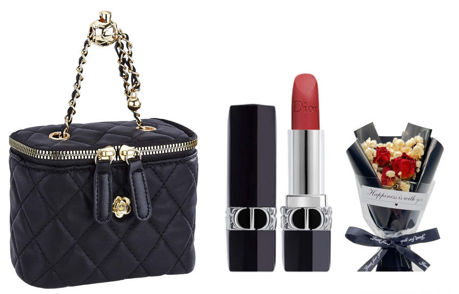DIOR Vivid Blue Gold Lipstick Formal Wear+Baby's Breath Bouquet+Mini Shoulder Bags Velvet