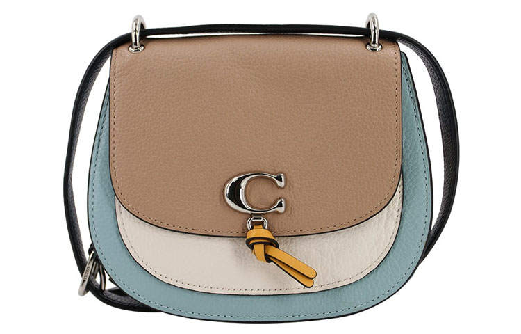 COACH Remi Leather Saddle Bag, Crossbody Bag, Shoulder Bag Women's Khaki & White Sky Blue