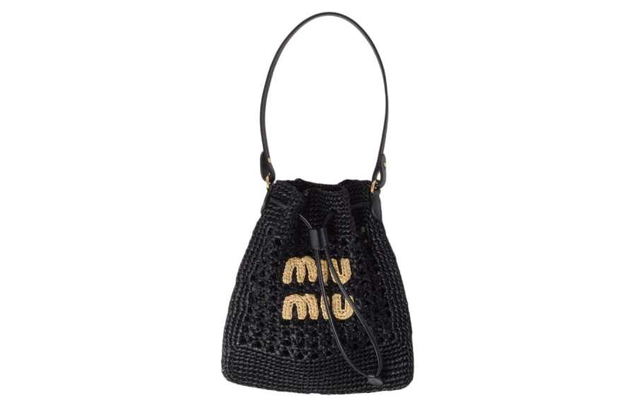 MIU MIU Woven Fabric With Raffia And Leather Handbag, Shoulder Bag Unisex Black