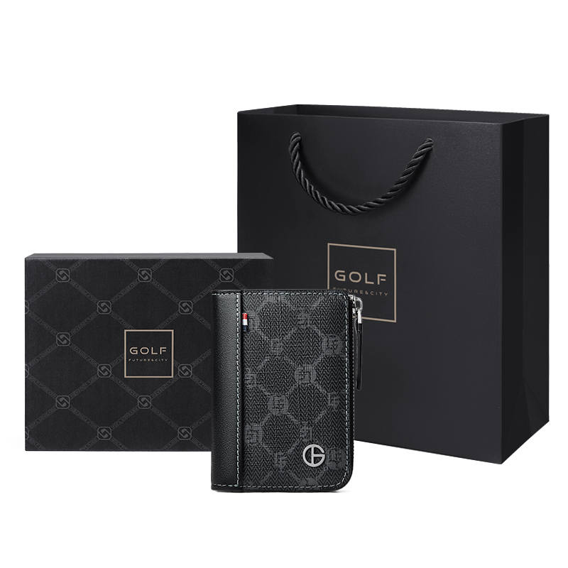 GOLF With Cow Leather Wallet, Coin Purse, Document Bag, Accordion Card Holder Small Men's Black