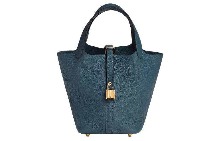 HERMES Picotin Lock Clemence Bullock Leather Basket Bag, Bucket Bag, Handbag 18 Women's 7P Bleu De Prusse Prussian Blue