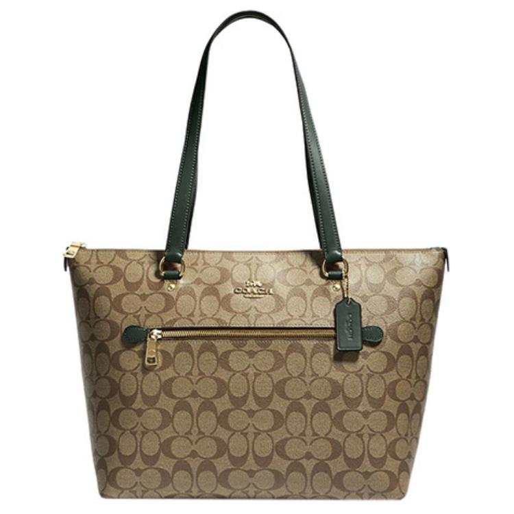 COACH Gallery Coated Canvas With Leather Tote Bag, Shopping Bag, Handbag, Shoulder Bag Women's Khaki
