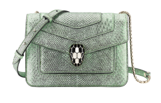 BVLGARI Calfskin Water Snake Skin Bag, One Shoulder Handbag Women's Mint Metallic
