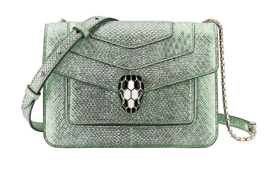 BVLGARI Calfskin Water Snake Skin Bag, One Shoulder Handbag Women's Mint Metallic