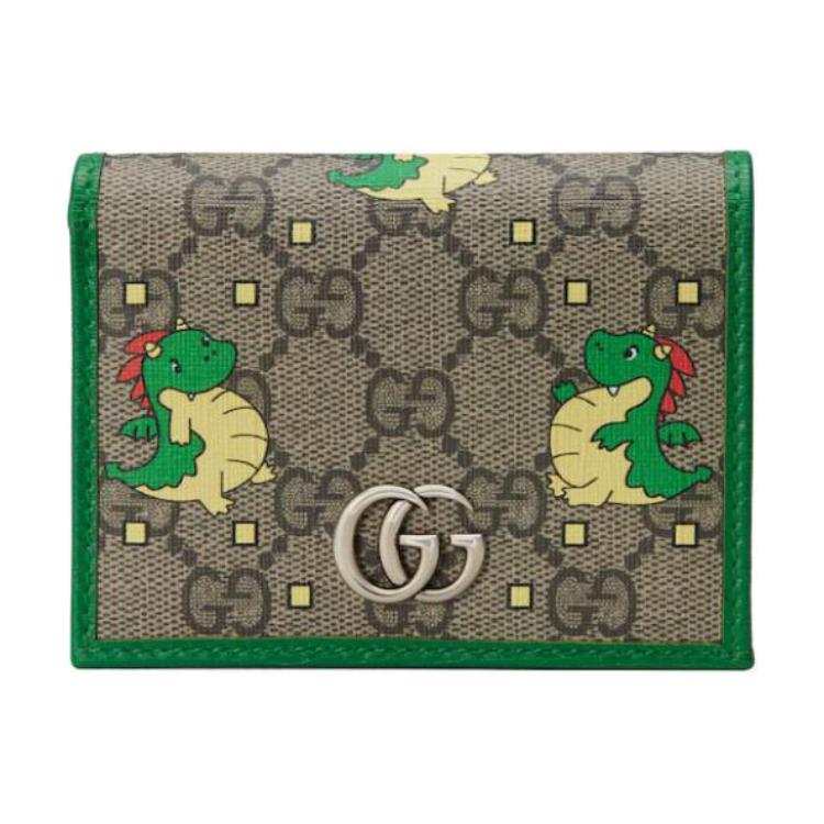GUCCI Chinese New Year Canvas With Leather Card Holder Women's Green & Brown