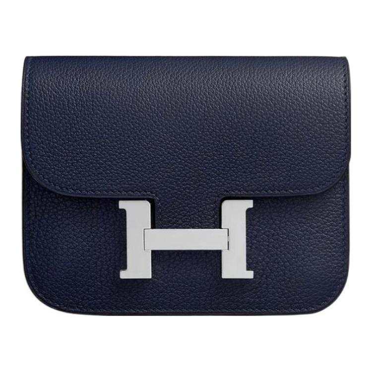 HERMES Constance Slim Silver Tone Buckle Evercolor Calfskin Wallet, Card Holder, Fanny Pack Women's