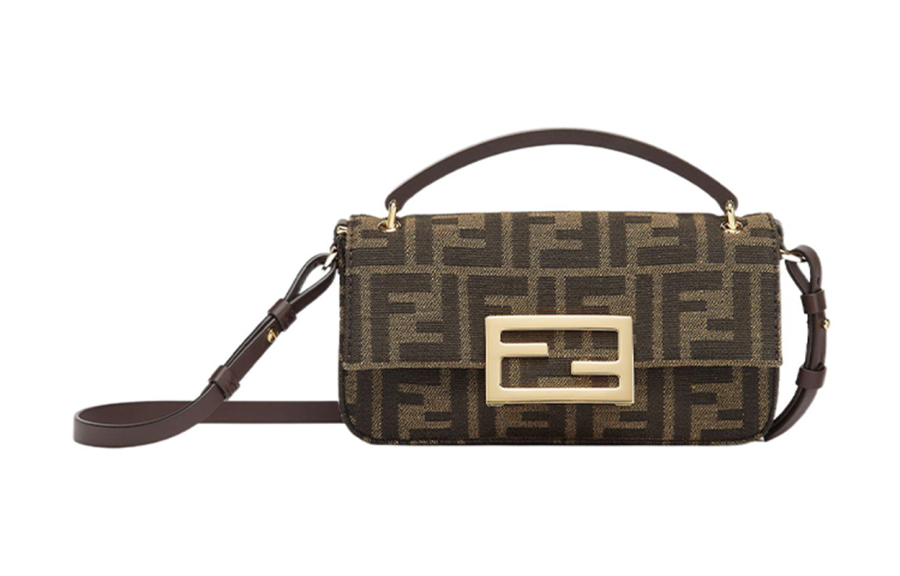 FENDI Baguette Cotton With Cow Leather Portable One Shoulder Crossbody Cell Phone Pouch Regular Women's Brown