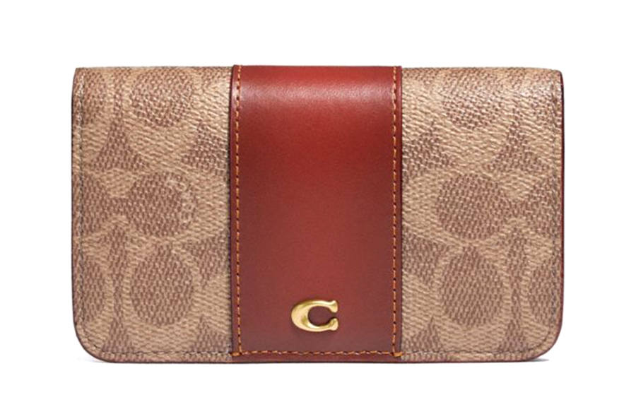 COACH Card Case Coated Canvas With Leather Wallet Women's Brown Yellow Rusty