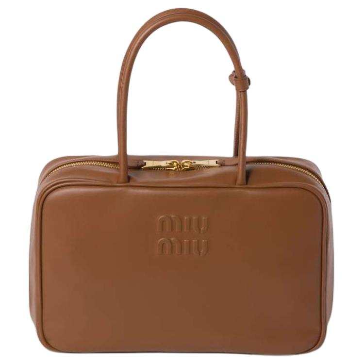 MIU MIU Beau Calfskin Bowling Bag, Handbag, Shoulder Bag Women's Cognac