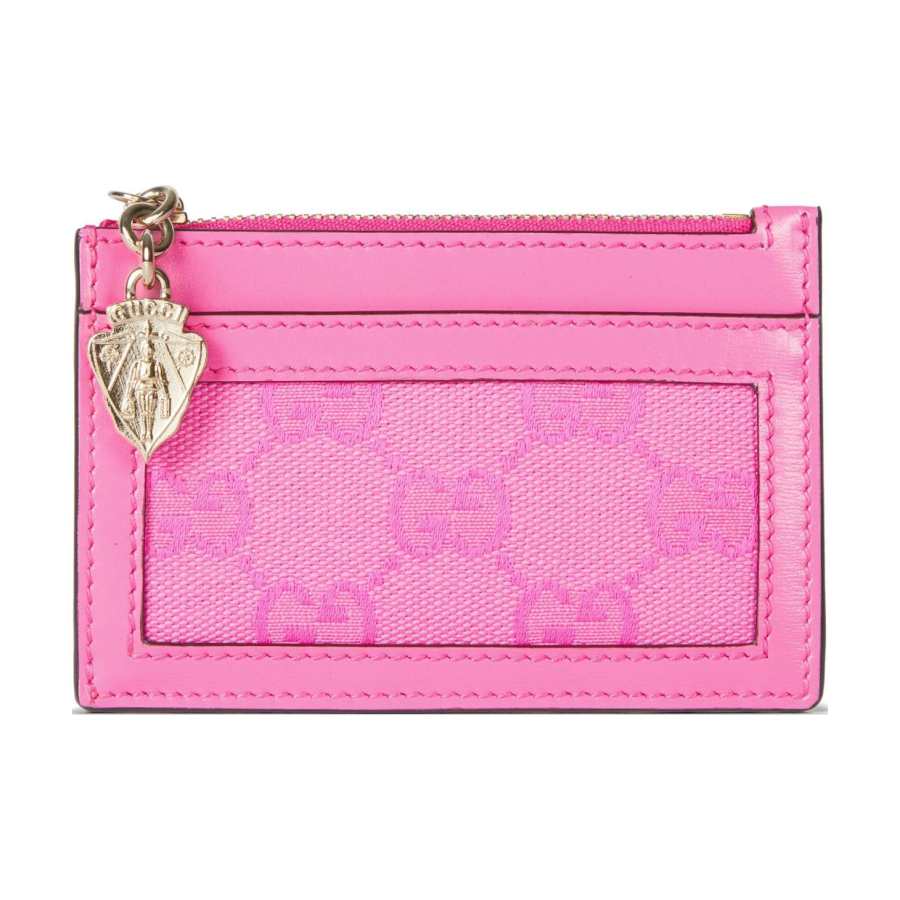 GUCCI Canvas With Leather Trim Card Holder Women's Pink