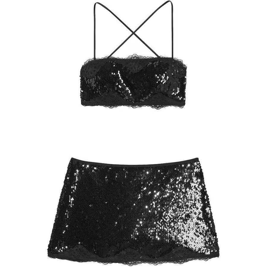 Victoria's Secret PINK/VICTORIA'SSECRET Sequin Bralette &Mini Skirt Set Underwear Set Women's Black