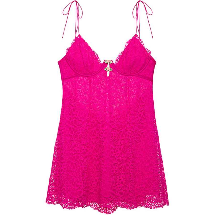 Victoria's Secret PINK For LOVE & LEMONS Butterfly Lace Slip Dress/Bk Nightgown Women's Bright Pink