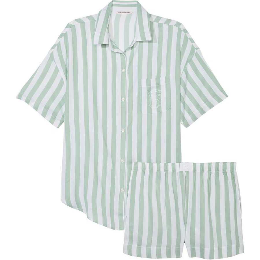 Victoria's Secret Pink Modal CottonShortPajamaSet/BlueCrescentStripes Pajama Set Women's Sea Salt Green Stripes