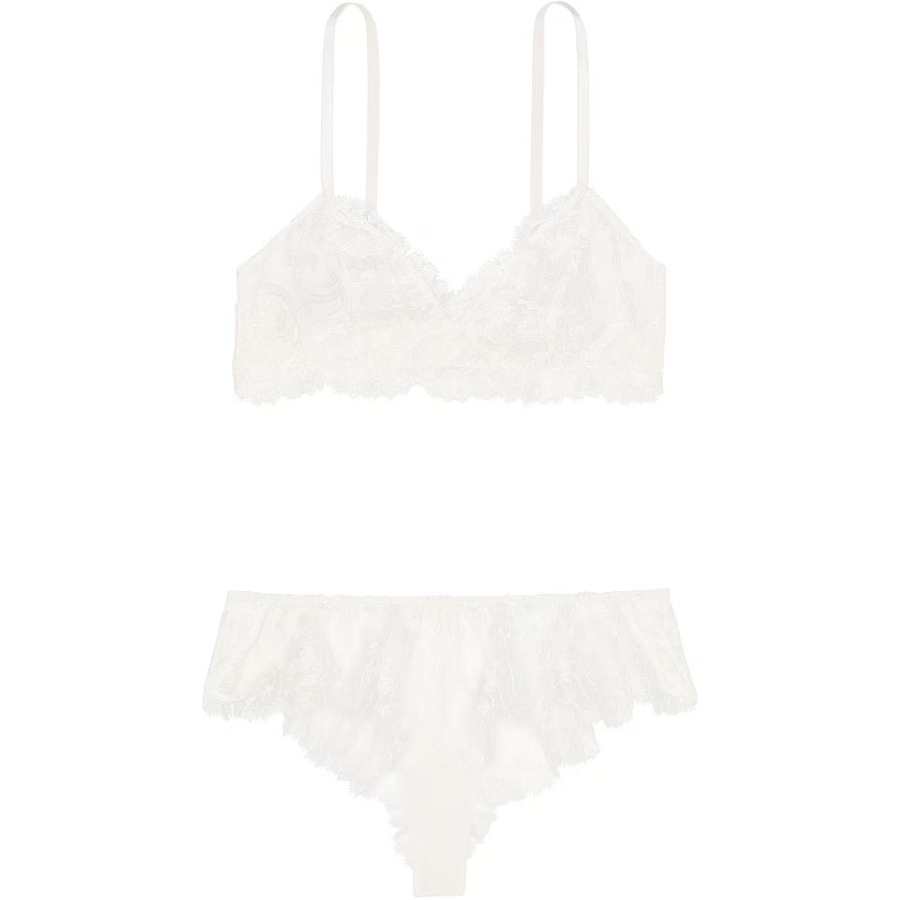 Victoria's Secret Pink Boho Floral Embroidery Bralette & Panty Set/W Pajama Set Women's White