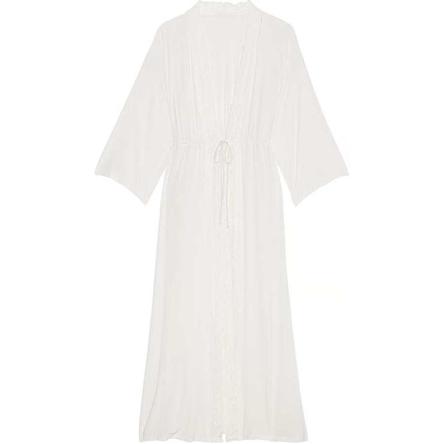 Victoria's Secret Modal & Lace Trim High Slit Maxi Robe White/Ivory Sleep Robe Women's White