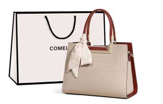 COMELY Cow Leather Shoulder Bag, Crossbody Bag, Handbag Large Women's Blue/Apricot