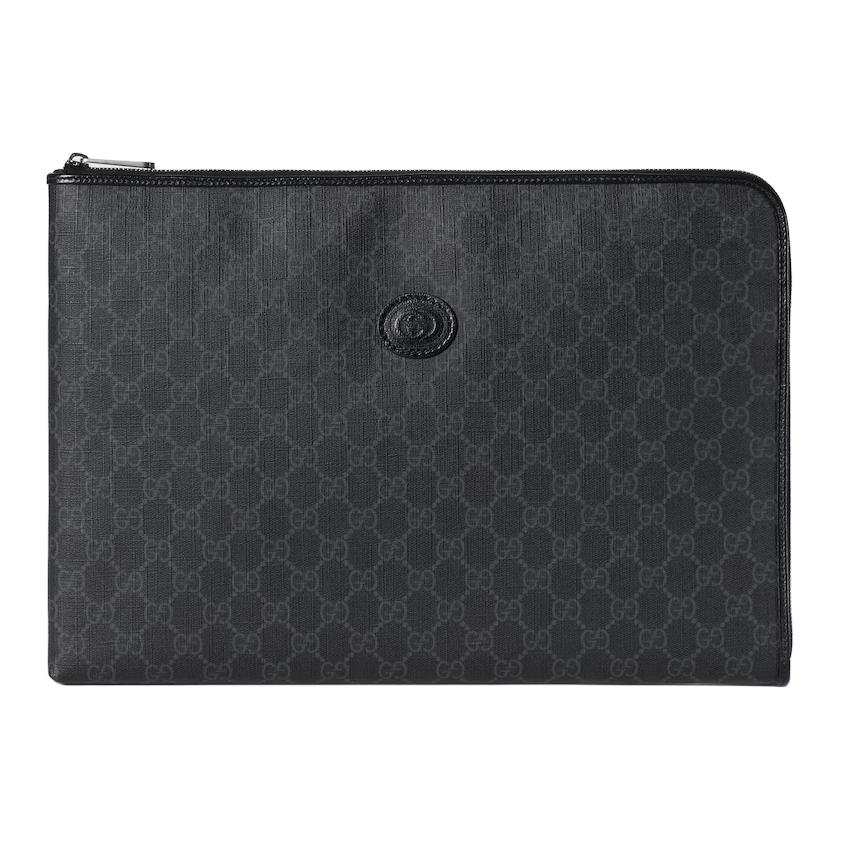 GUCCI Canvas With Leather Clutch Briefcase Medium Unisex Black