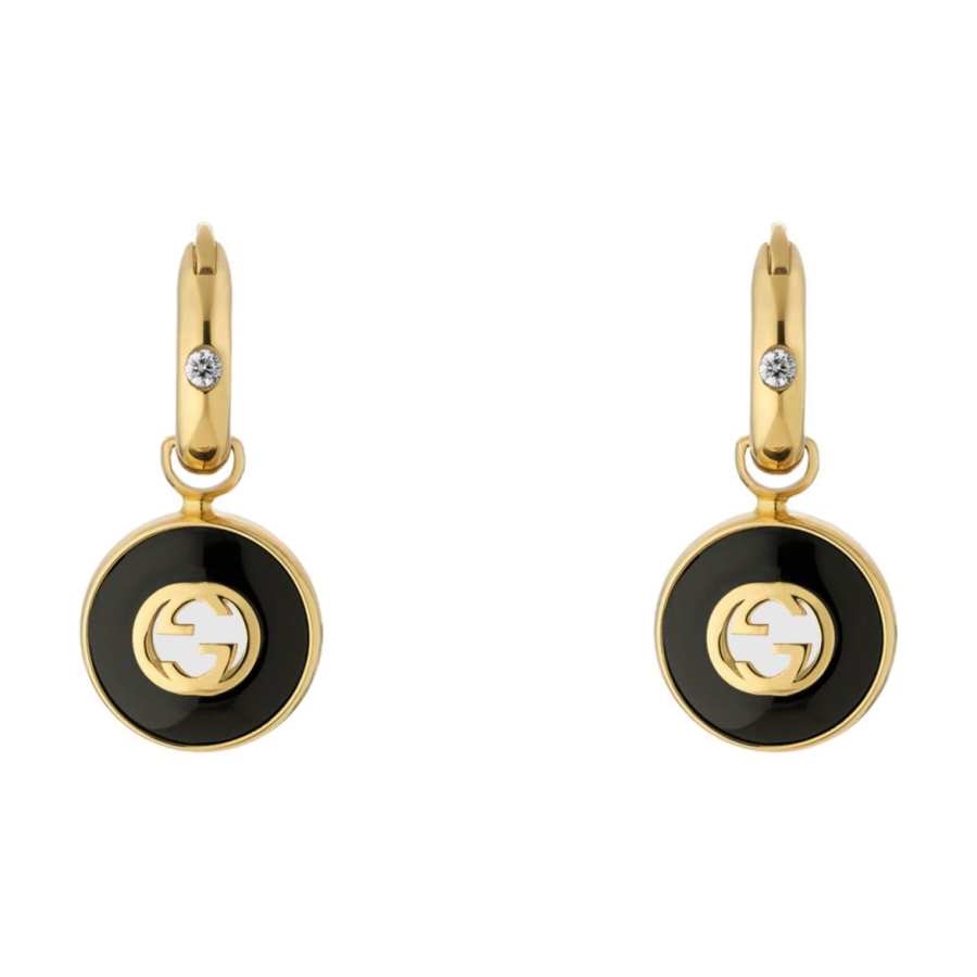 GUCCI 18kt Yellow Gold Diamond And Onyx Interlocking G Earrings
