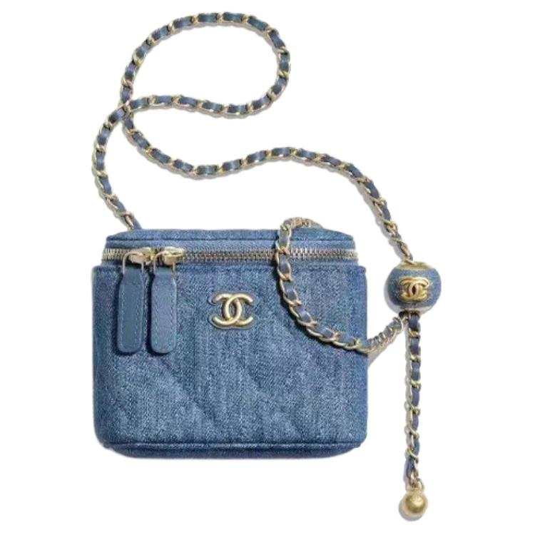 CHANEL 22C Early Spring Small Gold Ball Denim Shoulder Bag, Crossbody Bag Mini Women's Blue