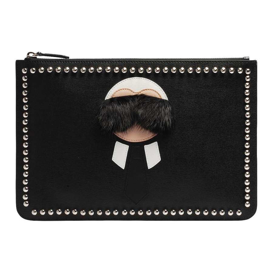 FENDI Zip Closure Genuine Leather Clutch Men's Black
