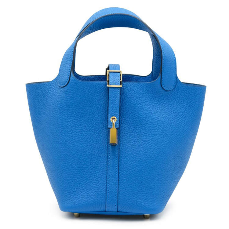 HERMES Picotin Lock Clemence Bullock Leather Basket Bag, Bucket Bag, Handbag 18 Women's I7 Bleu Zellige Mosaics Blue