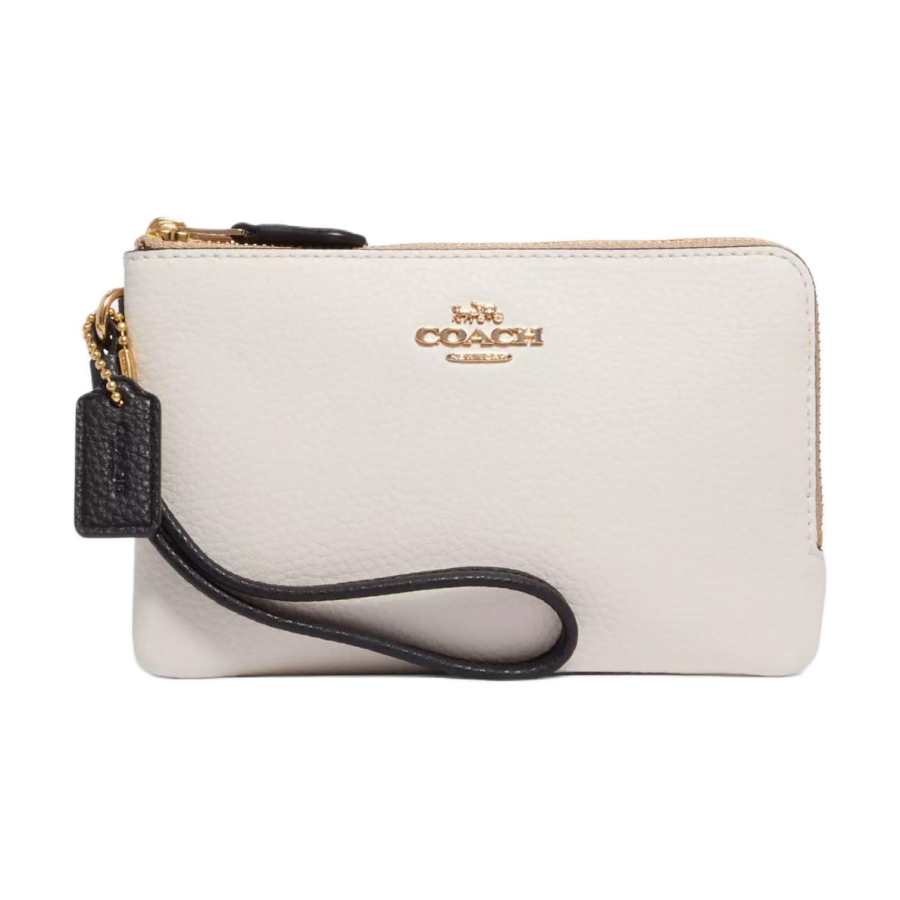 COACH Double Zip Wallet Polished Pebbled Leather Clutch Wrist Bag Small Women's White