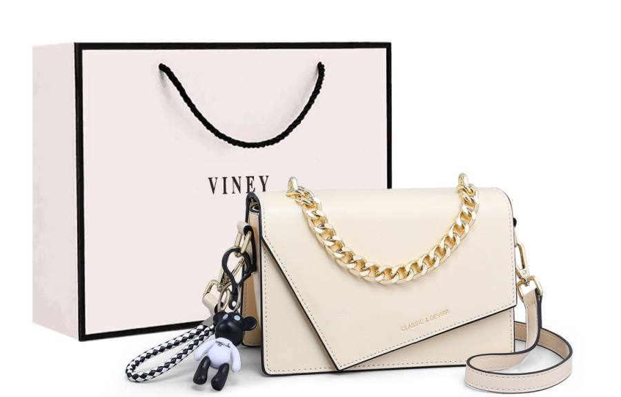 VINEY Cow Leather Crossbody Bag, Shoulder Bag, Small Square Bag Small Women's Ecru