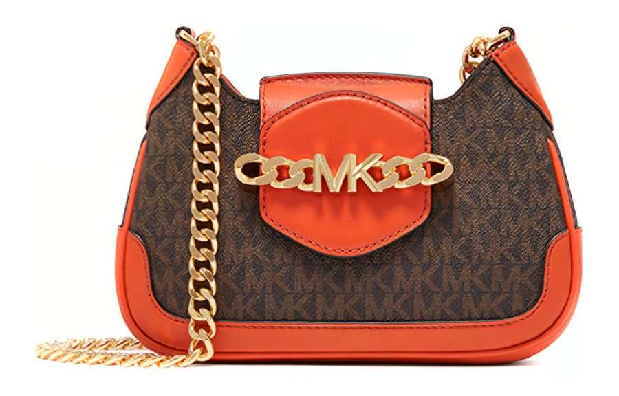 MICHAEL KORS Hally Cow Leather With Artificial Leather Crossbody Bag, Shoulder Bag Women's Dark Brown & Orange